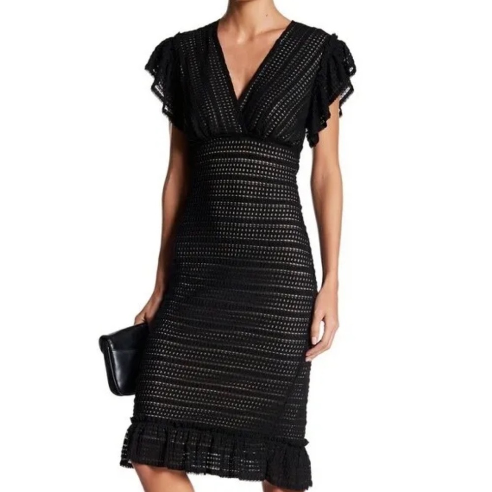 MAX STUDIO Size XS Dress Black V-Neck Short Flutter Sleeve Ruffle Lace